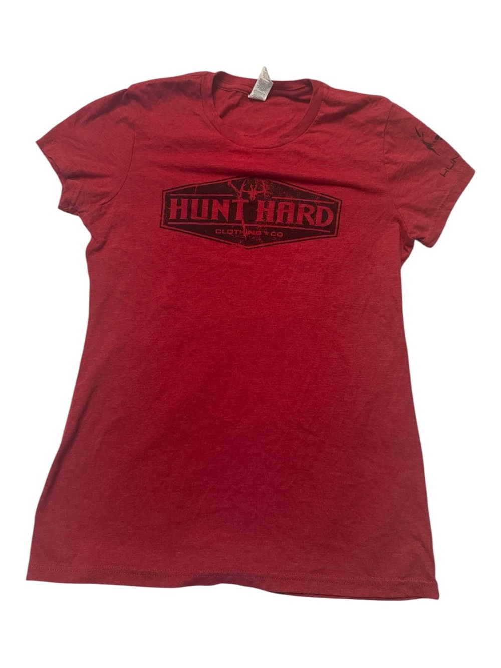 Hunt Hard Distressed Red Graphic Tee with Black Print Women Size Medium